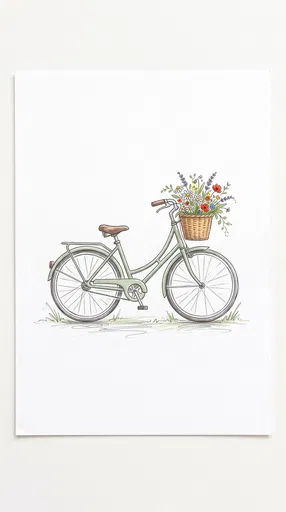 Green Vintage Bicycle With Wildflower Basket Sketch