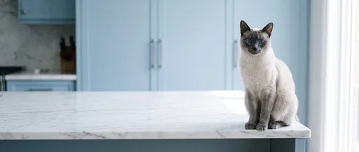 Siamese Cat on Marble Kitchen Island
