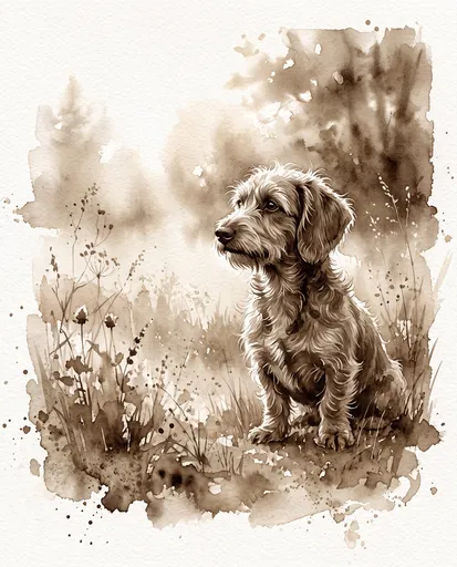 Sepia Watercolor Illustration of Scruffy Dog