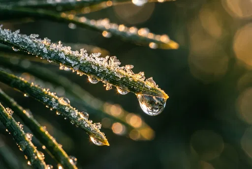 Frosted Pine Needles With Water Droplet