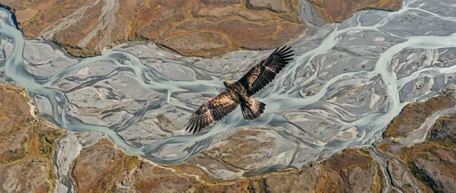 Golden Eagle Soaring Over Braided River