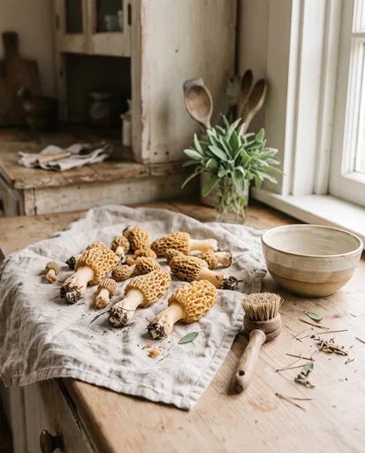 Foraged Morel Mushrooms on Rustic Counter