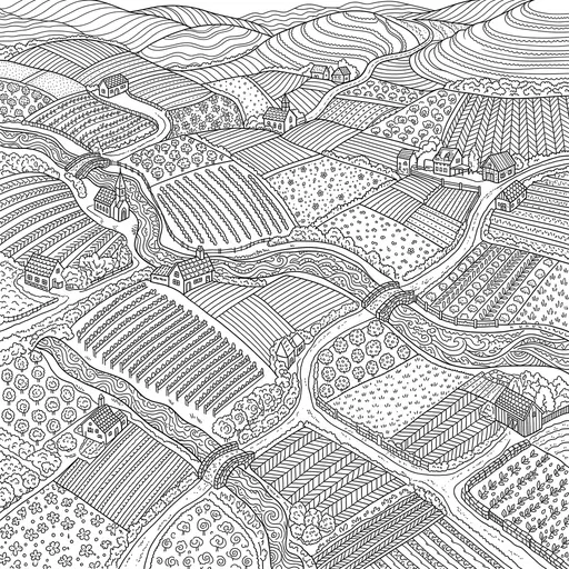 Patchwork Farmland Coloring Page Illustration