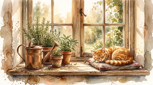 Watercolor Cat Sleeping on Sunny Windowsill