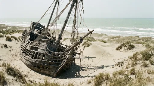 Weathered Wooden Shipwreck in Coastal Sand Dunes