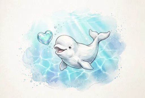 Watercolor Baby Beluga Whale With Heart Bubble
