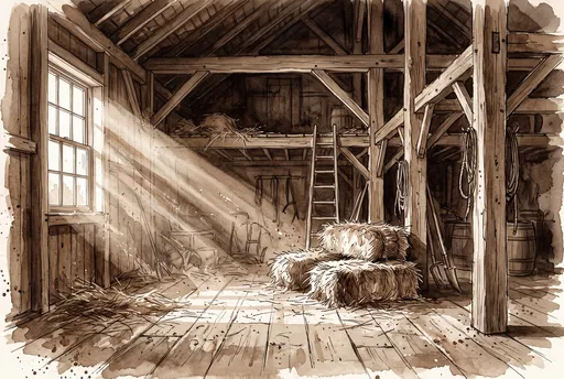 Sepia Watercolor Rustic Barn Interior