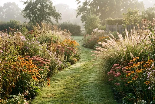 Misty Morning Country Garden Lawn Path