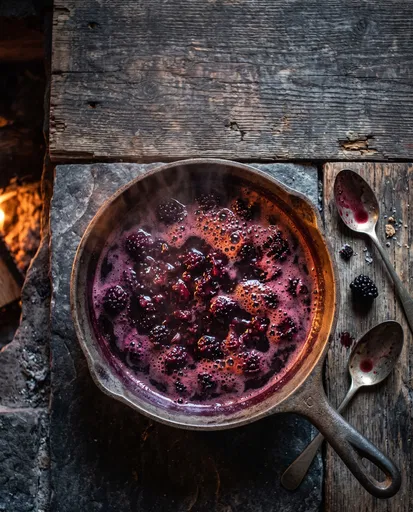 Simmering Blackberry Sauce in Cast-Iron Pan