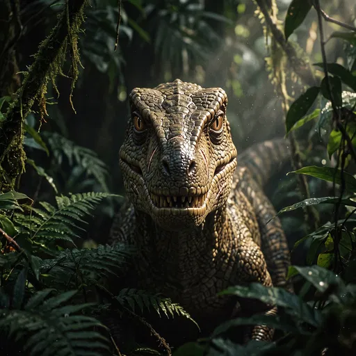 Scaly Raptor Dinosaur In Dense Jungle