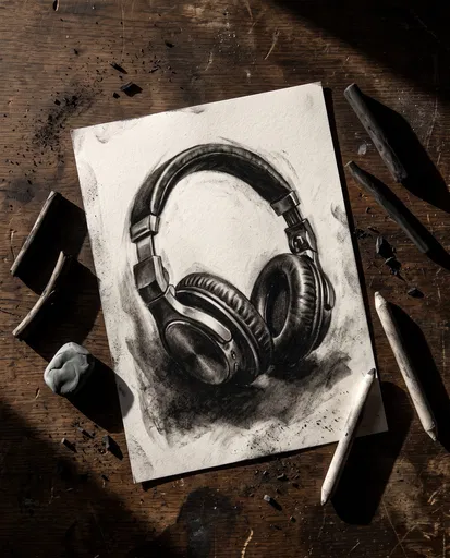 Charcoal Drawing of Headphones on Desk
