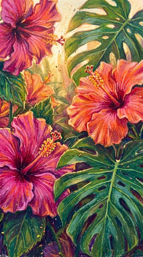 Oil Pastel Tropical Hibiscus and Monstera