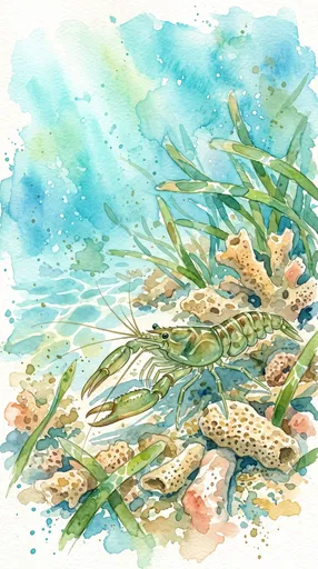 Watercolor Green Shrimp on Coral Rubble