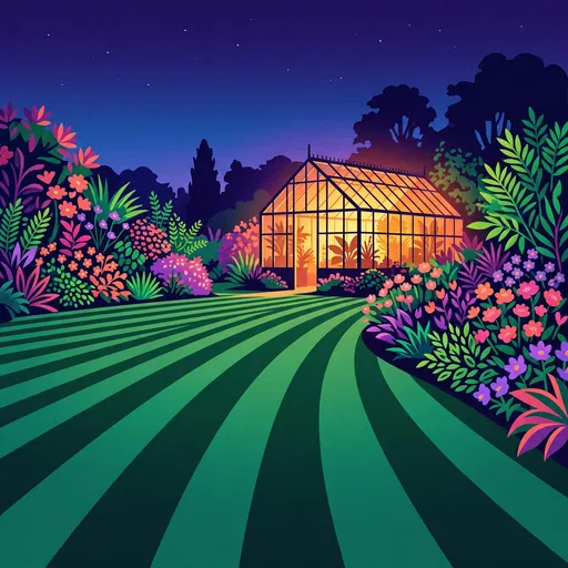Glowing Greenhouse and Striped Lawn at Night