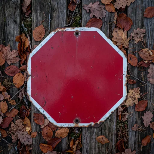 Blank Vintage Red Octagonal Sign on Leaves
