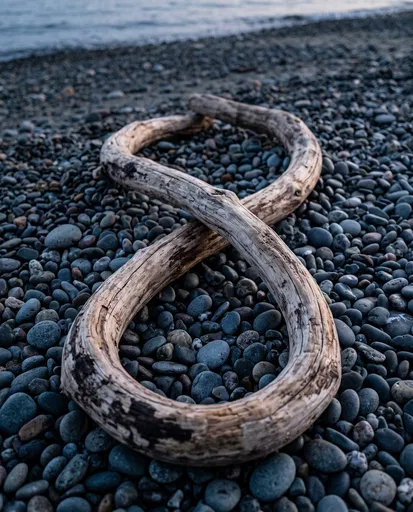 Driftwood Infinity Symbol on Pebble Beach