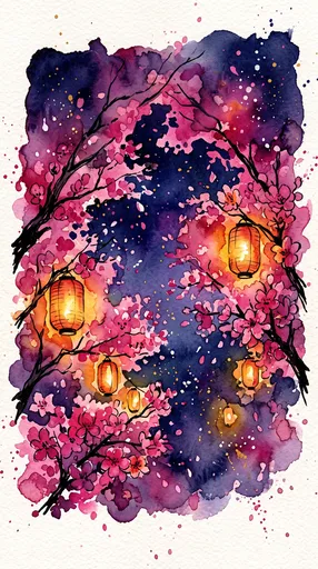 Watercolor Cherry Blossoms and Lanterns at Night
