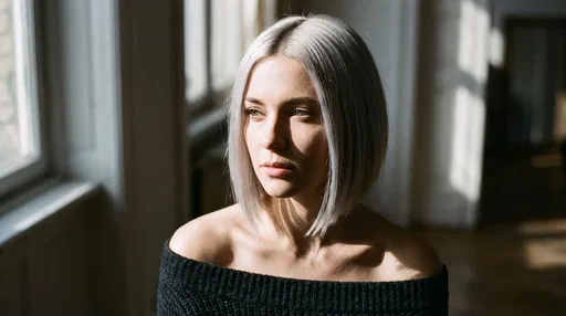 Woman With Platinum Blonde Bob by Window