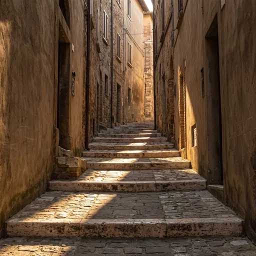 Sunlit Cobblestone Alleyway with Stone Steps