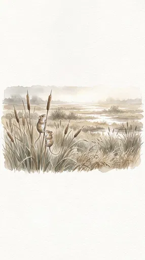 Watercolor Deer Mice Climbing Marsh Cattails