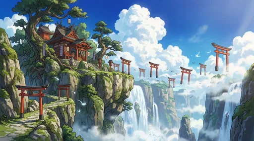 Anime Cliffside Shrine With Floating Torii Gates