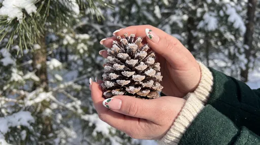 Hands Holding Frosted Pinecone With Holly Nails