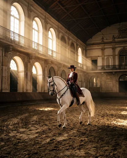 Portuguese Equestrian Riding White Horse in Arena