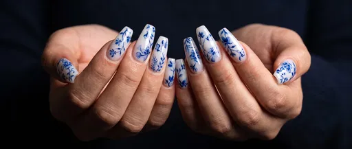 Blue Porcelain Floral Manicure on Coffin Nails