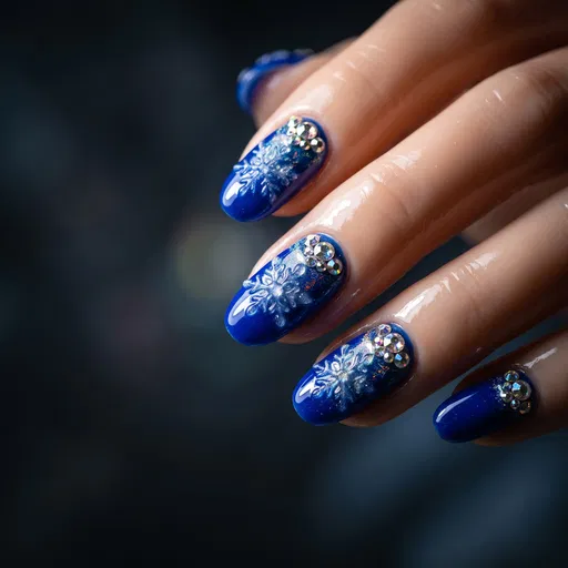 Sapphire Blue Winter Snowflake Nail Art