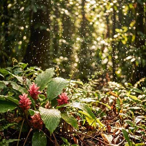Sunlit Tropical Ginger Flowers in Rain