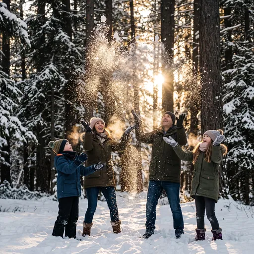 Family Tossing Snow in Winter Forest
