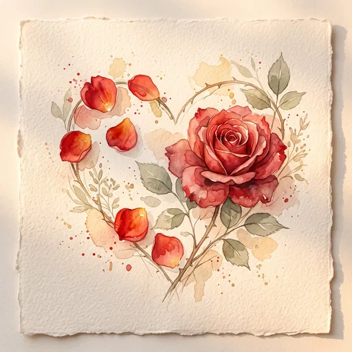 Watercolor Red Rose and Heart Petals