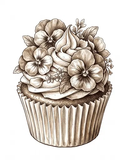 Vintage Sepia Pansy Cupcake Sketch