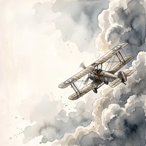 Watercolor WWI Biplane in Storm Clouds