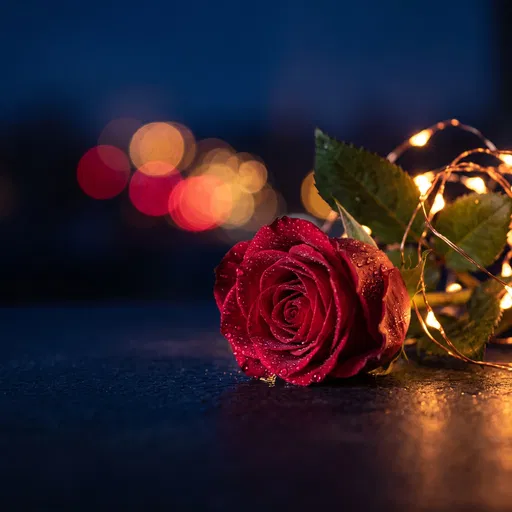 Dewy Red Rose with Fairy Lights