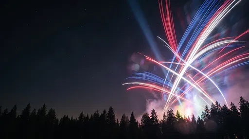 Patriotic Firework Trails Over Pine Forest
