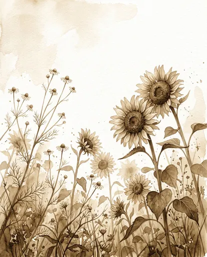 Sepia Watercolor Sunflowers and Chamomile