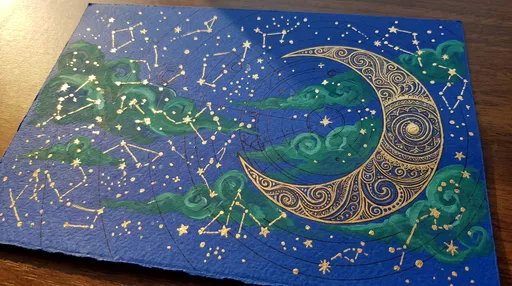 Ornate Gold Crescent Moon Illustration