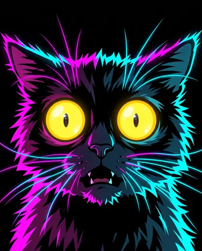 Neon Lit Startled Black Cat Illustration