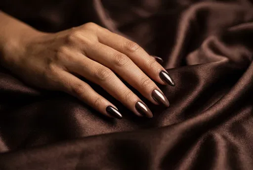 Hand With Brown Chrome Autumn Manicure