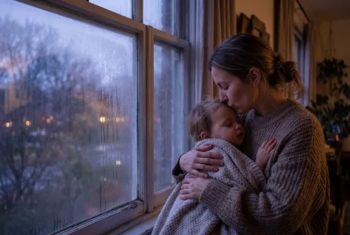 Mother Kissing Sleeping Child by Window