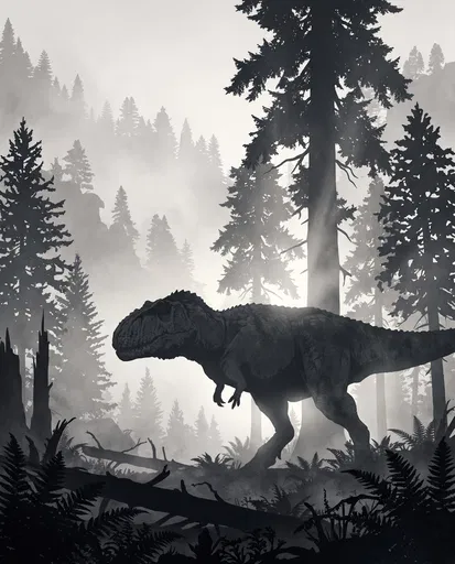 Monochrome Giganotosaurus Silhouette in Misty Forest