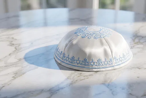 White Satin Kippah With Blue Embroidery