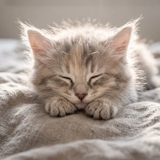 Sleeping Fluffy Kitten on Neutral Linen