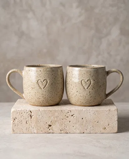 Two Speckled Ceramic Mugs with Hearts