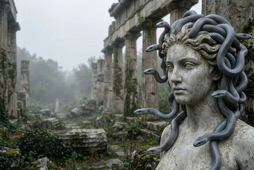 Medusa Statue in Misty Temple Ruins