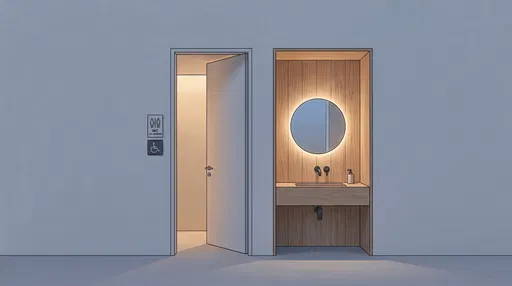 Minimalist Gender-Neutral Restroom and Timber Washbasin Illustration