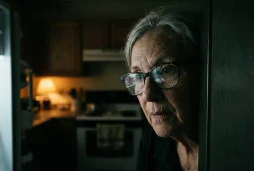 Older Woman Peering Into Dark Kitchen