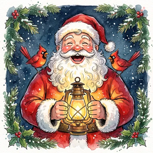 Watercolor Santa with Lantern and Cardinals