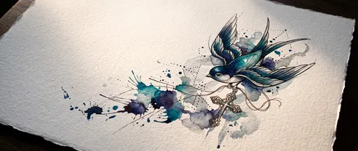Watercolor Swallow Carrying Ornate Cross Illustration